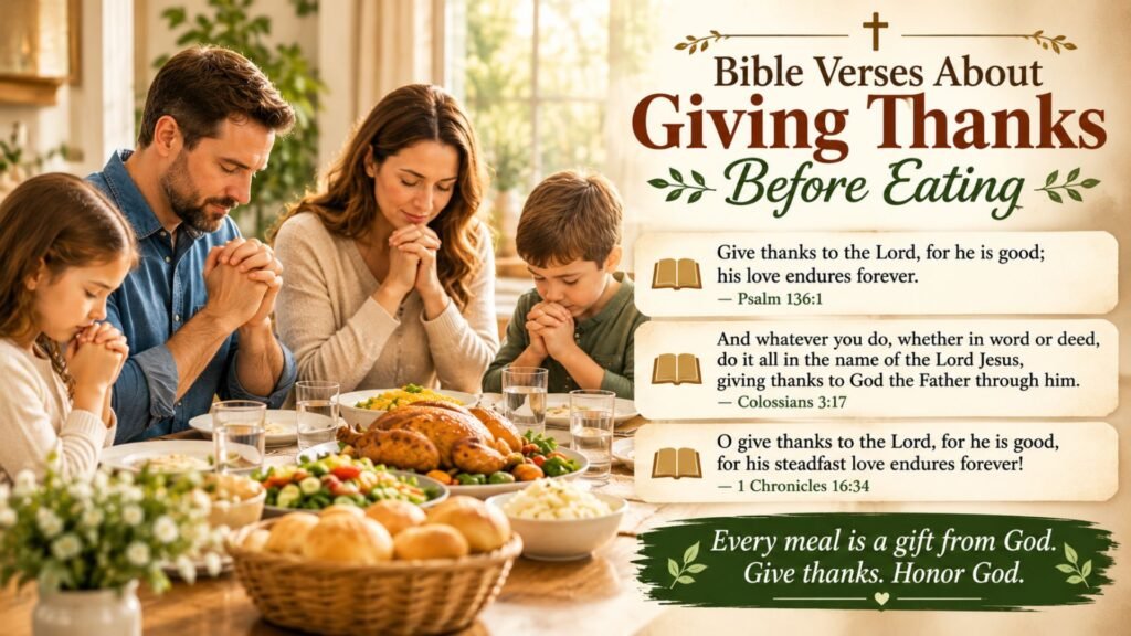 Family gathered around the table giving thanks before a meal with an open Bible, representing Bible verses about giving thanks before eating."