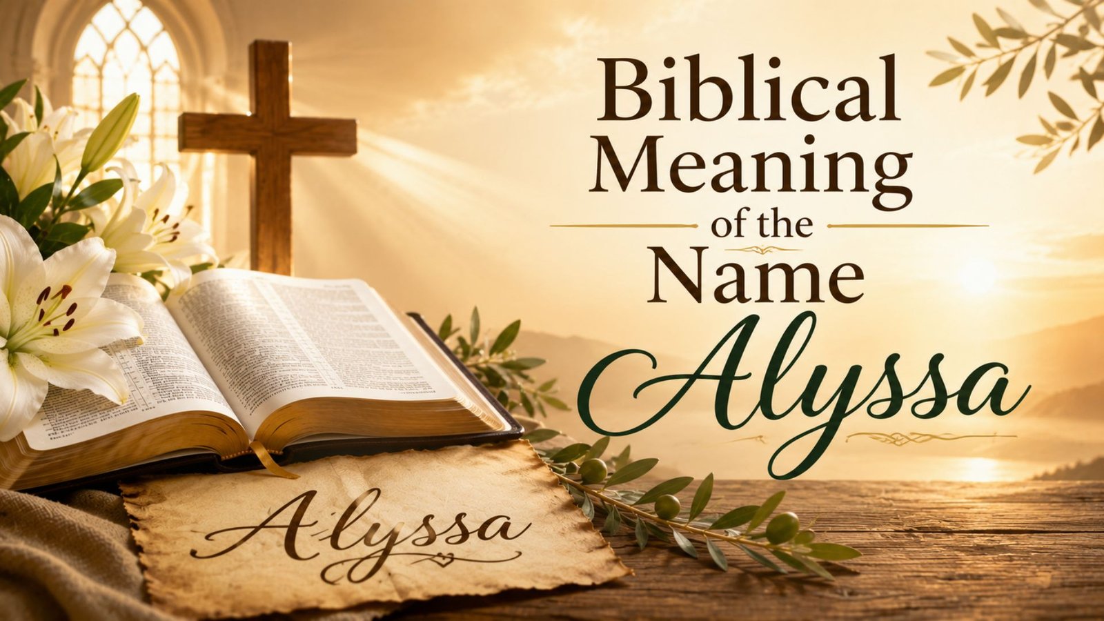 Open Bible with the name Alyssa highlighted, symbolizing the biblical meaning, spiritual significance, and Christian interpretation of the name Alyssa