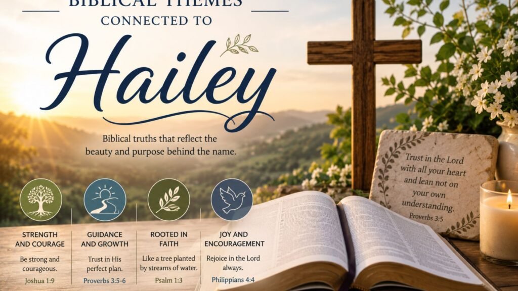 What is Biblical Meaning of the Name Hailey: Origin & Christian Significance 3 Open Bible with a glowing cross and peaceful landscape, representing the biblical themes connected to the name Hailey, including faith, hope, grace, and God's guidance.