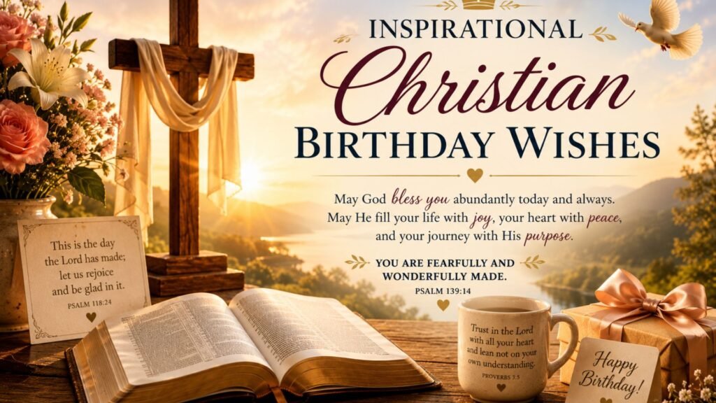 Inspirational Christian birthday wishes with uplifting Bible verses, heartfelt blessings, faith-filled prayers, and encouraging messages for a joyful celebration