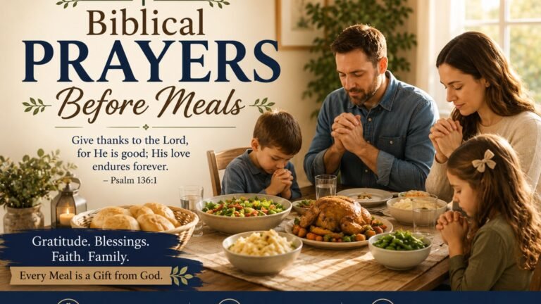 Hands folded in prayer before a meal, expressing gratitude and faith through prayers before meals with family gathered around the dining table