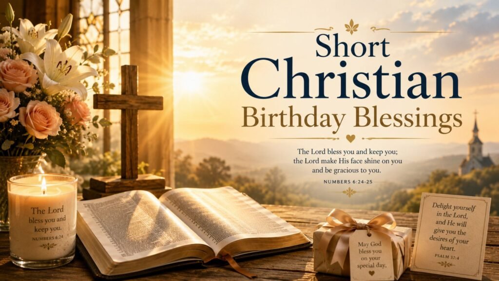 Short Christian birthday blessings with heartfelt prayers, Bible-inspired wishes, faith, hope, and God's love for a joyful birthday celebration