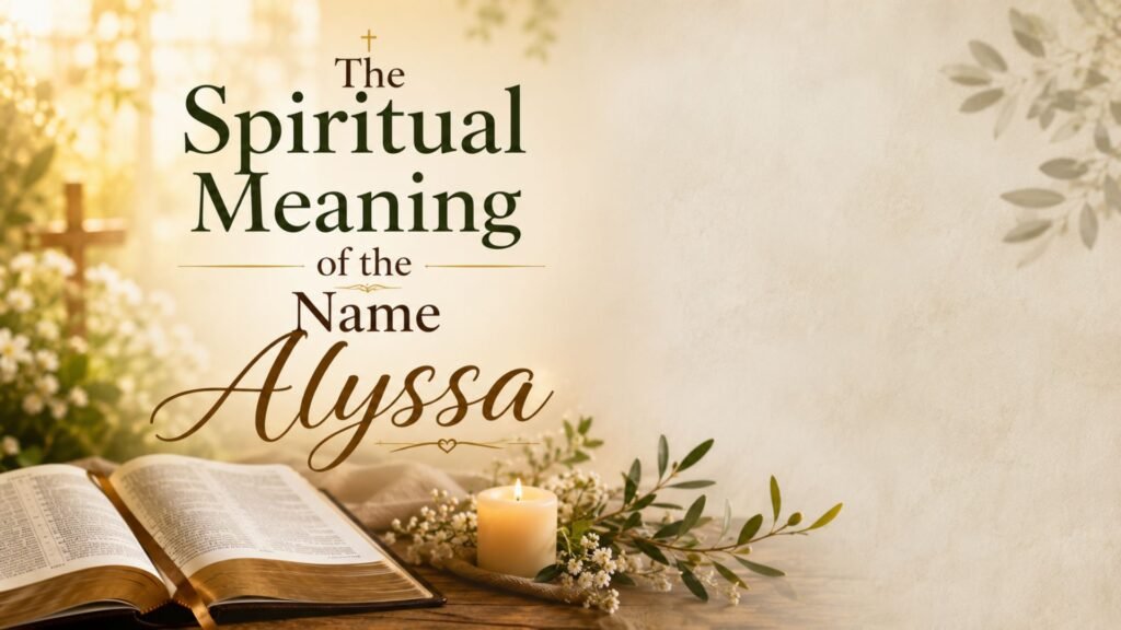 What is Biblical Meaning of the Name Alyssa: Origin, Spiritual Symbolism & Christian Significance 3 Illustration representing the spiritual meaning of the name Alyssa with a glowing cross, open Bible, and peaceful light symbolizing faith, grace, and God's guidance.