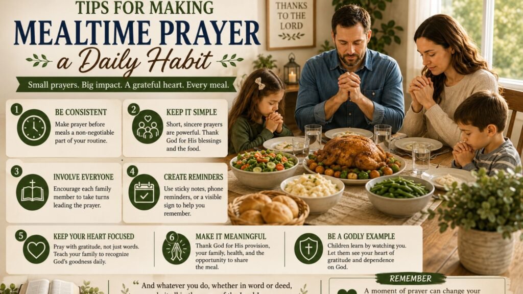Family holding hands in prayer before a meal, illustrating practical tips for making mealtime prayer a daily habit and growing in faith together