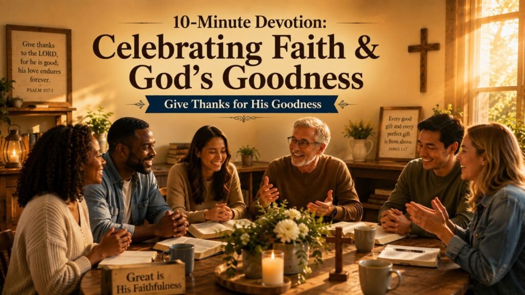 10-minute devotion on celebrating faith and God’s goodness with a joyful Christian small group gathered around an open Bible