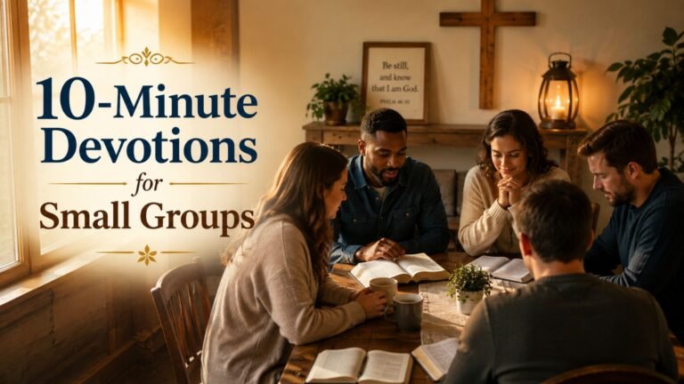 10-Minute Devotions for Small Groups with Christians gathered around an open Bible for prayer and fellowship