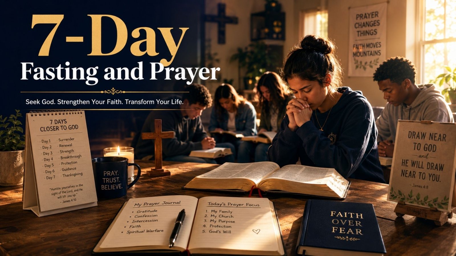 7-Day Fasting and Prayer guide with an open Bible, prayer journal, and candle symbolizing faith, spiritual growth, and devotion.