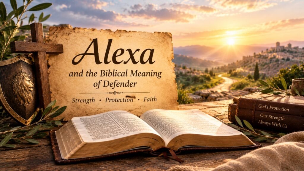 Biblical Meaning of the Name Alexa: Origin, Spiritual Significance & Christian Meaning 3 Open Bible beside a parchment with the name Alexa and a wooden cross, exploring whether Alexa is found in the Bible