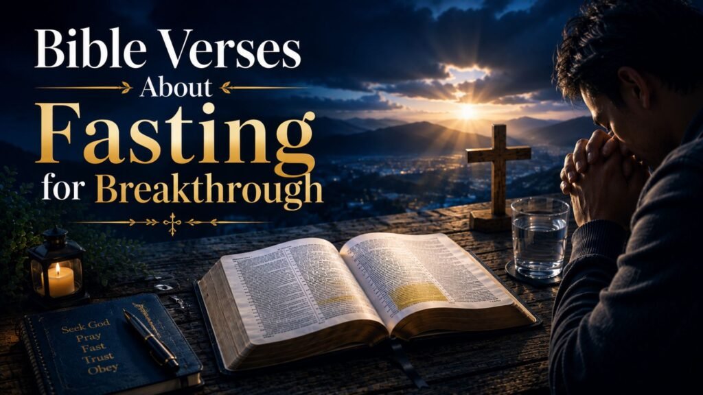 65 Bible Verses About Fasting for Breakthrough, Guidance & Spiritual Strength 2 Bible verses about fasting for breakthrough with an open Bible, praying person, wooden cross, and glass of water in a dark blue devotional setting