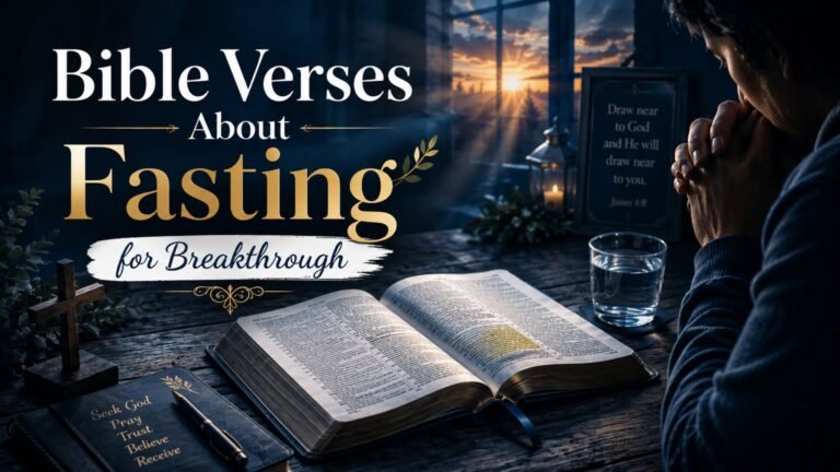 Bible verses about fasting for breakthrough with an open Bible, prayer, and warm sunrise light