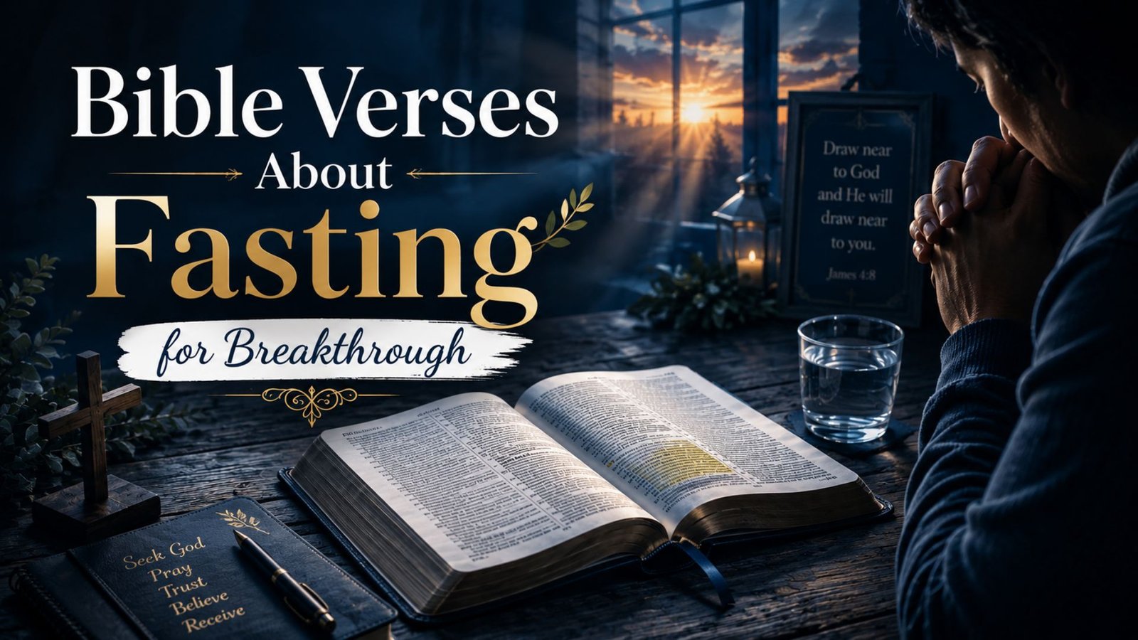 Bible verses about fasting for breakthrough with an open Bible, prayer, and warm sunrise light
