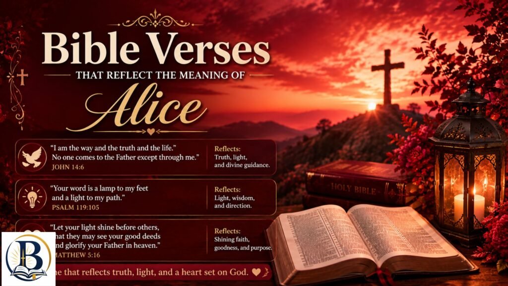 Bible Verses That Reflect the Meaning of Alice with an open Bible, flowers, and Christian symbolism