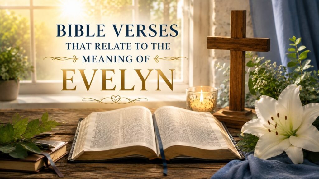 Bible Verses That Relate to the Meaning of Evelyn, featuring an open Bible, wooden cross, white lilies, and warm sunlight symbolizing faith, hope, and grace.
