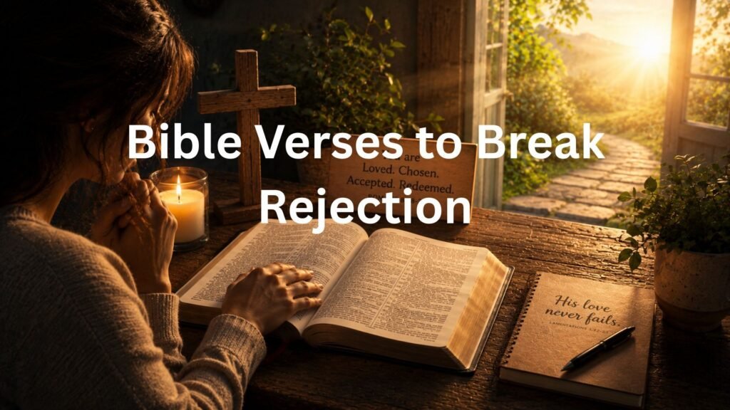 Open Bible beside a wooden cross and candle symbolizing Bible verses for overcoming rejection and finding God's acceptance