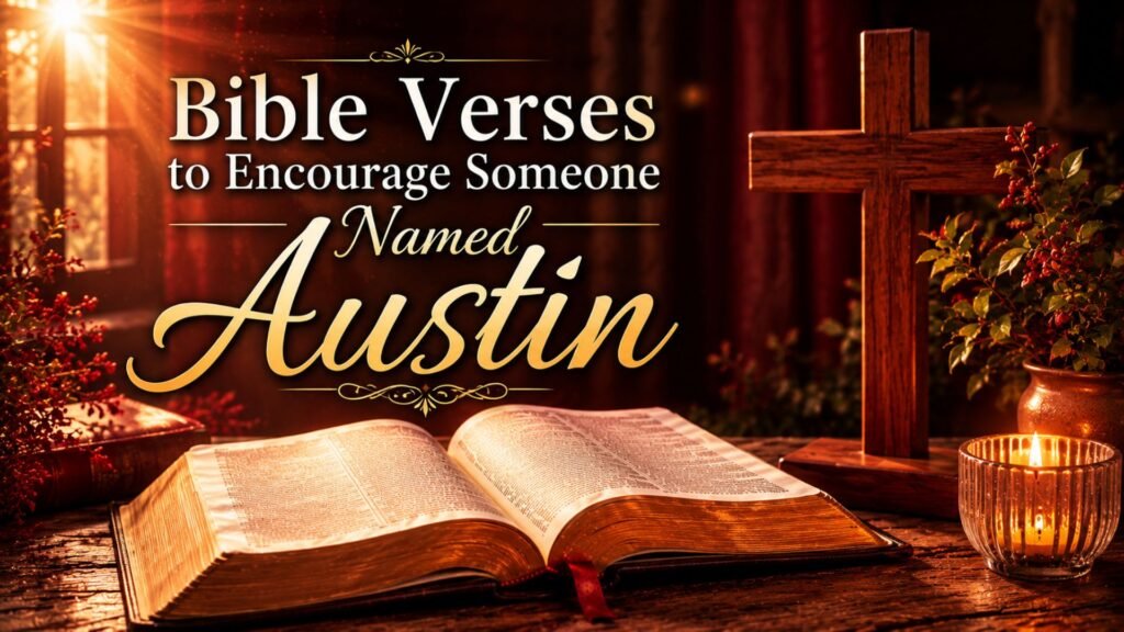 Wonderful Biblical Meaning of the Name Austin: 5 Powerful Spiritual Meanings 3 Bible verses to encourage someone named Austin with an open Bible and wooden cross in warm red tones
