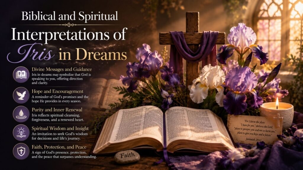 Biblical Meaning of the Name Iris: Spiritual Meaning, Symbolism & Significance 5 Biblical and spiritual interpretations of iris in dreams, shown with purple and white iris flowers, an open Bible, wooden cross, glowing candle, and warm church light, symbolizing divine guidance, hope, purity, renewal, wisdom, faith, protection, and peace.