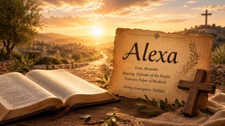 Biblical meaning of the name Alexa shown beside an open Bible and wooden cross, symbolizing strength and protection
