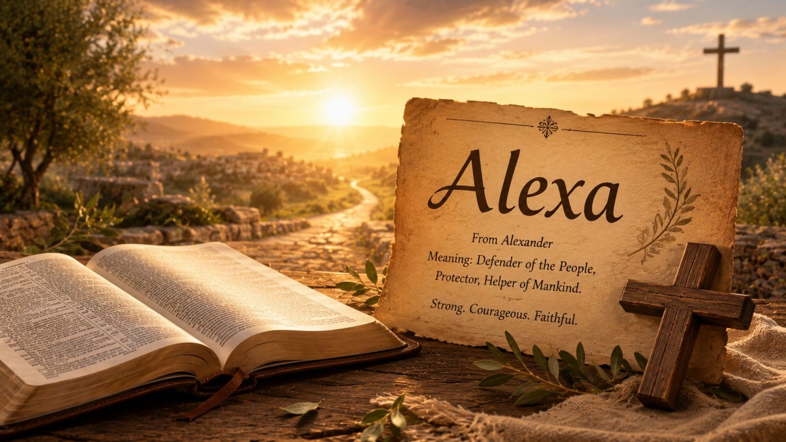 Biblical meaning of the name Alexa shown beside an open Bible and wooden cross, symbolizing strength and protection