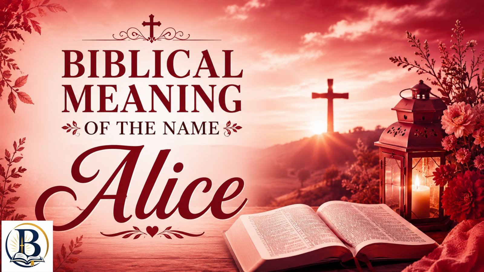 Biblical Meaning of the Name Alice with an open Bible, flowers, and Christian symbolism