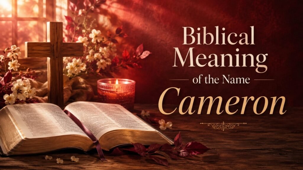 Biblical Meaning of the Name Cameron featured image with an open Bible, wooden cross, glowing candle, and white flowers in warm reddish and golden tones.
