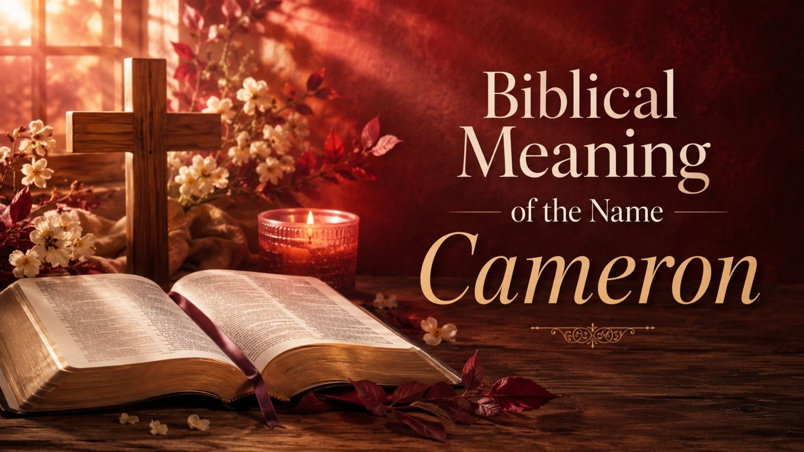 Biblical Meaning of the Name Cameron featured image with an open Bible, wooden cross, glowing candle, and white flowers in warm reddish and golden tones.