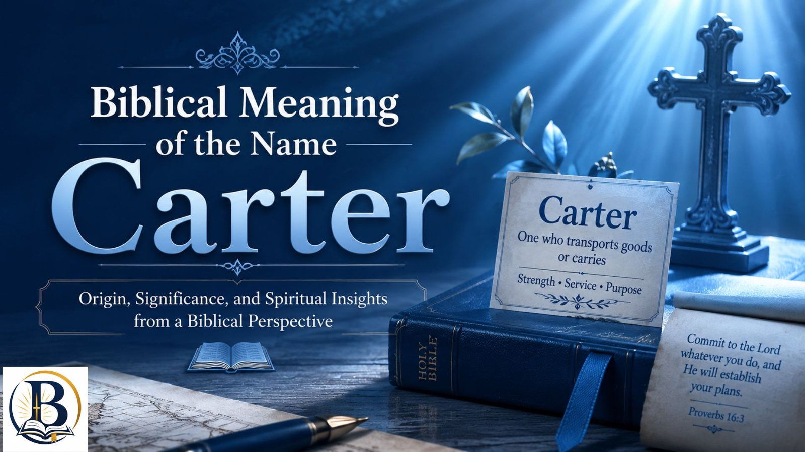 Biblical Meaning of the Name Carter with an open Bible, cross, and peaceful Christian symbolism