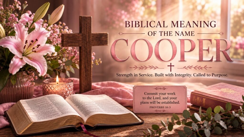Biblical Meaning of the Name Cooper with an open Bible, wooden cross, and warm Christian setting.