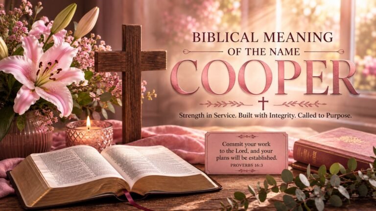 Biblical Meaning of the Name Cooper with an open Bible, wooden cross, and warm Christian setting.