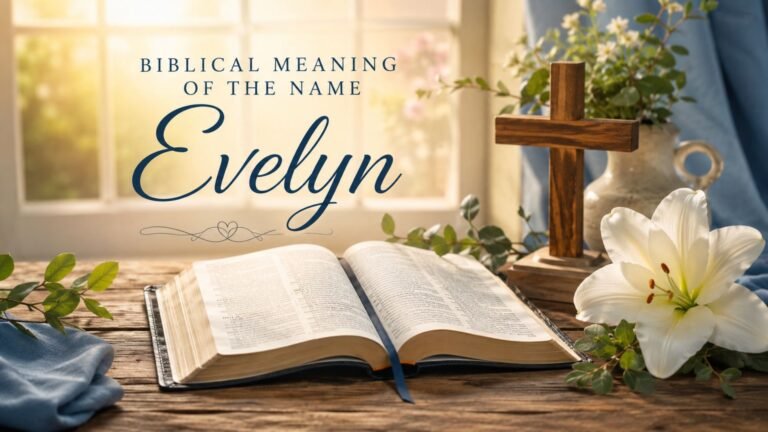 Biblical Meaning of the Name Evelyn – open Bible, wooden cross, white lily, and soft sunlight symbolizing faith and grace.