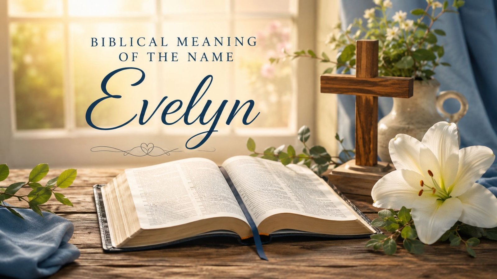 Biblical Meaning of the Name Evelyn – open Bible, wooden cross, white lily, and soft sunlight symbolizing faith and grace.