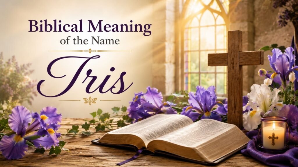 Biblical meaning of the name Iris represented by an open Bible, purple iris flowers, a wooden cross, and warm golden light.