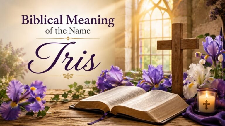 Biblical meaning of the name Iris represented by an open Bible, purple iris flowers, a wooden cross, and warm golden light.