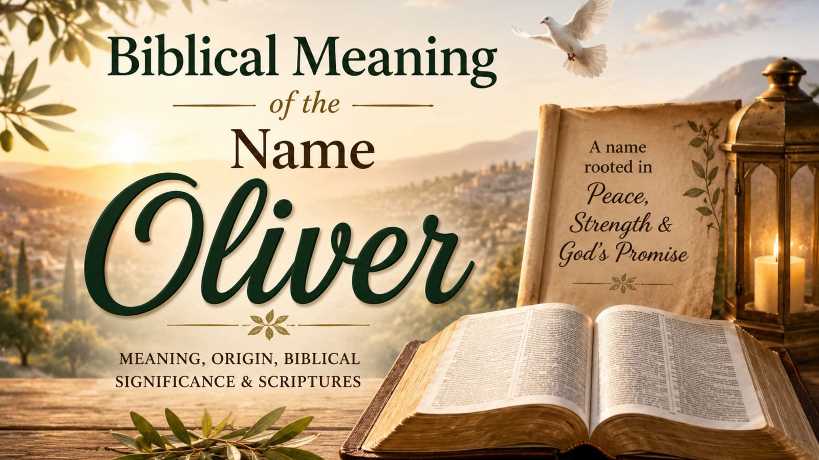 Biblical meaning of the name Oliver with an open Bible and peaceful Christian background.
