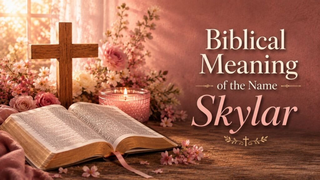 Biblical Meaning of the Name Skylar featured image with an open Bible, wooden cross, glowing candle, white and pink flowers, and soft golden light in a pinkish tone.