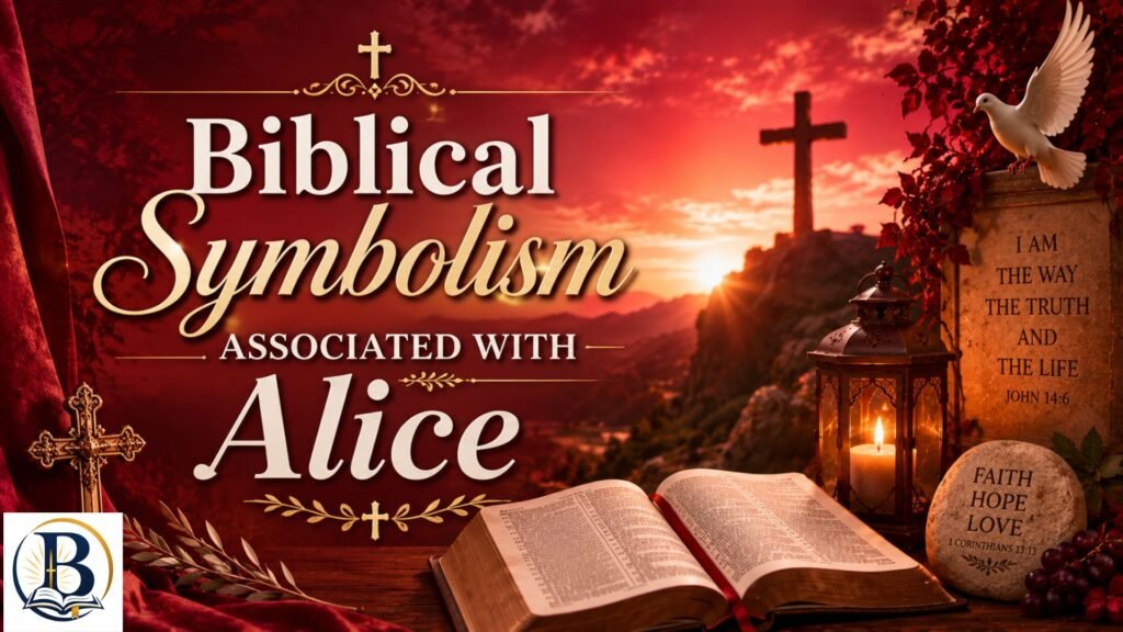 Biblical Symbolism Associated With Alice featuring an open Bible, white flowers, and a cross