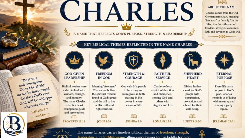 Biblical themes associated with the name Charles, highlighting faith, humility, strength, servant leadership, and Christian values.