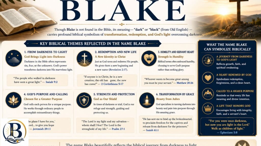 Complete guide to the biblical themes connected to the name Blake, exploring faith, strength, wisdom, humility, perseverance, God's purpose, and Christian values