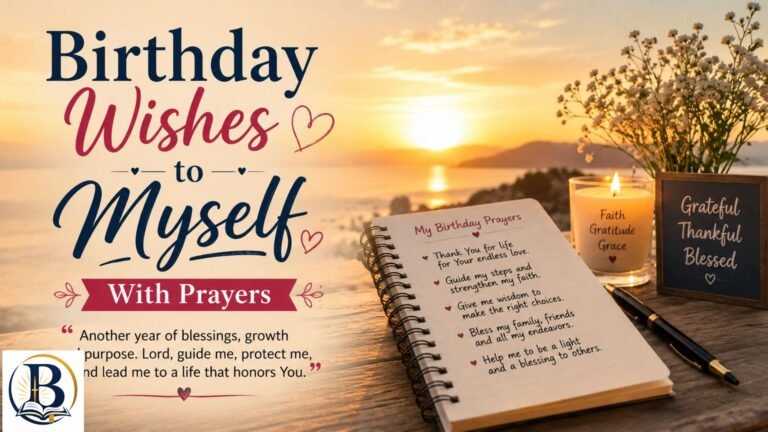 Birthday Wishes to Myself With Prayers featuring a birthday cake, Bible, candles, and faith-inspired details
