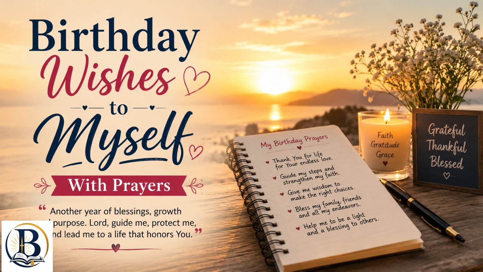 Birthday Wishes to Myself With Prayers featuring a birthday cake, Bible, candles, and faith-inspired details