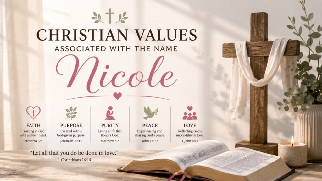 Complete guide to the Christian values associated with the name Nicole, highlighting faith, humility, kindness, courage, compassion, integrity, and devotion to God