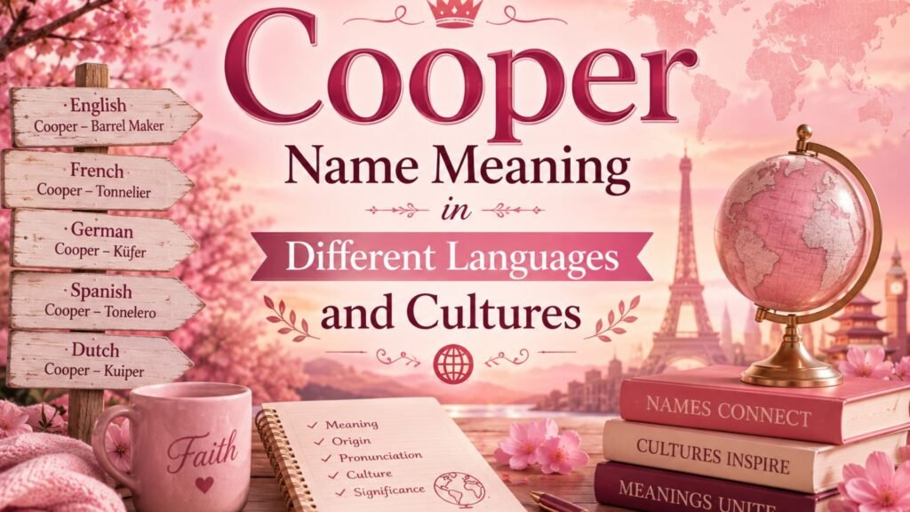Cooper name meaning in different languages and cultures, presented with an open Bible and symbolic cultural elements.