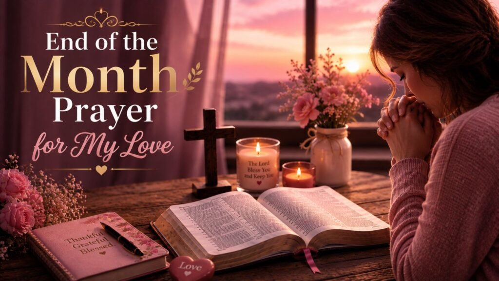 End of the month prayer for my love with a woman praying beside an open Bible, wooden cross, candles, and pink flowers at sunset