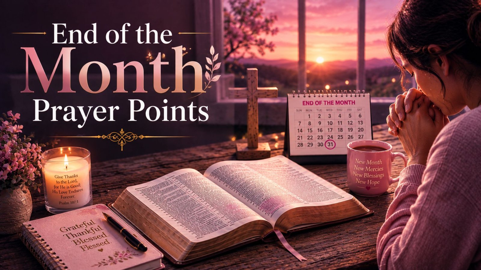 End of the month prayer points with an open Bible, praying person, wooden cross, candle, and prayer journal in a peaceful blue devotional setting