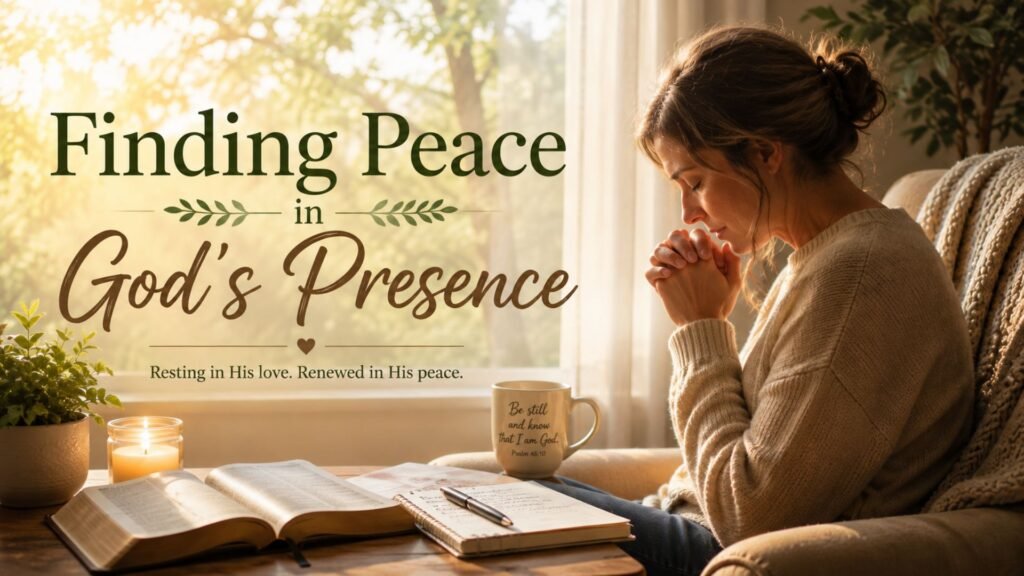 Person praying quietly beside an open Bible and finding peace in God’s presence