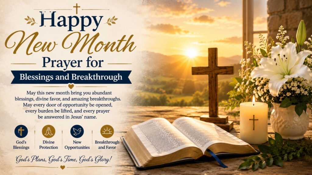 Happy New Month Prayer for Blessings and Breakthrough with an open Bible and hands clasped in prayer