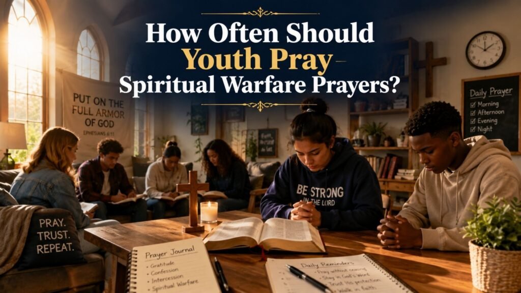 Young people praying beside an open Bible and prayer journal to represent how often youth should pray spiritual warfare prayers