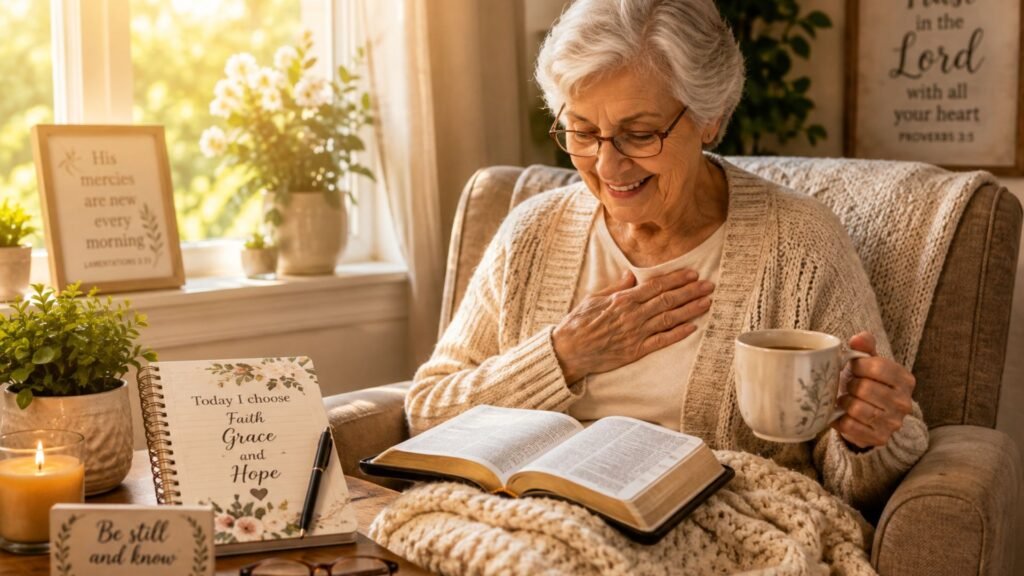 Senior person enjoying a 10-minute devotional with an open Bible, journal, and cup of tea in a cozy, sunlit room, symbolizing faith, hope, and daily renewal.