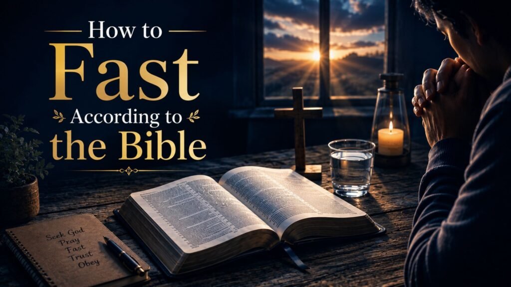 65 Bible Verses About Fasting for Breakthrough, Guidance & Spiritual Strength 3 How to fast according to the Bible with an open Bible, prayer, water, and a wooden cross in a dark blue devotional setting