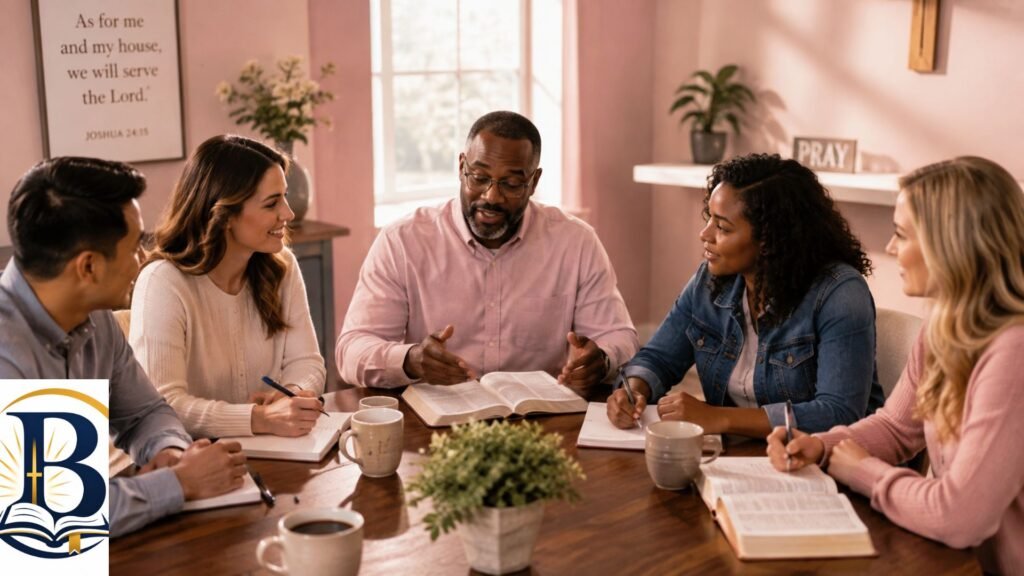 Church member leading a 5-minute devotion with an open Bible during a church meeting