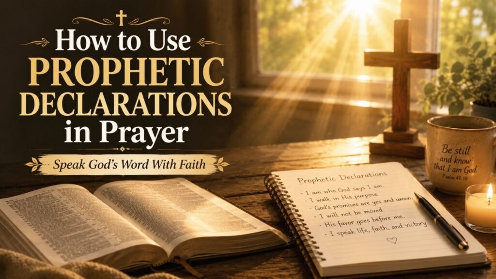 How to use prophetic declarations in prayer with an open Bible, journal, cross, and warm golden sunlight